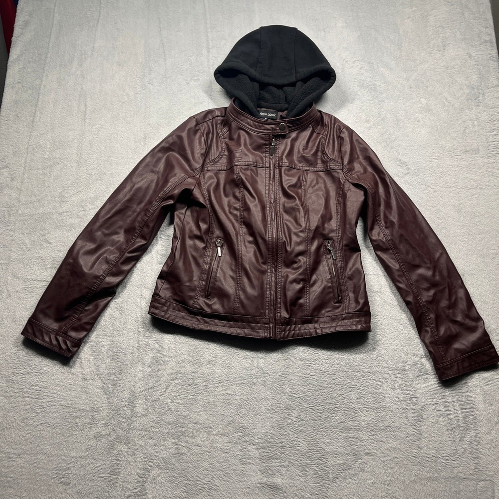 New Look Faux Leather Jacket Women Burgundy Hooded Moto Biker Coat M